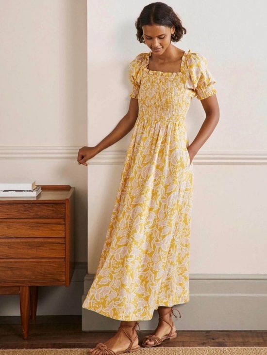 Boden Dresses & Skirts - Boden Linen Maxi Dress Puff Sleeve Yellow Floral Smocked Square Neck Pockets 10R